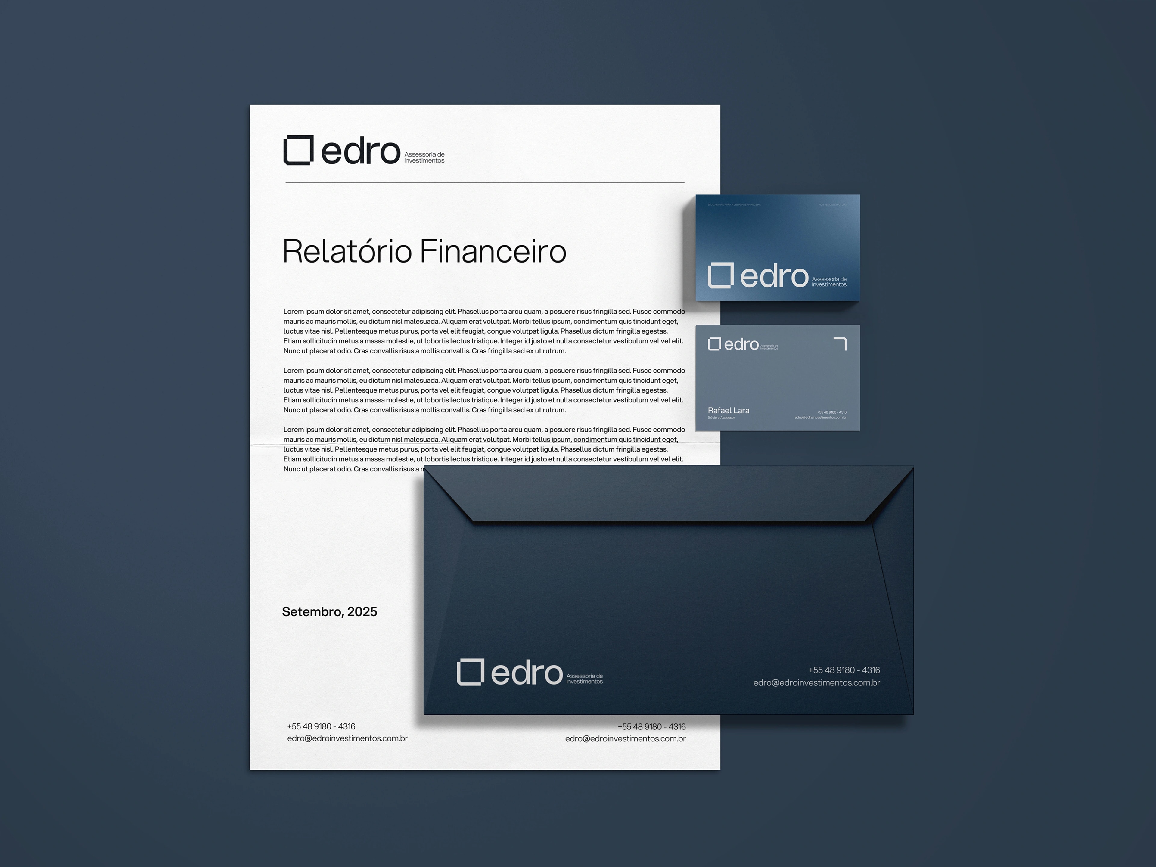 Relatório financeiro, cartões e envelope da Edro