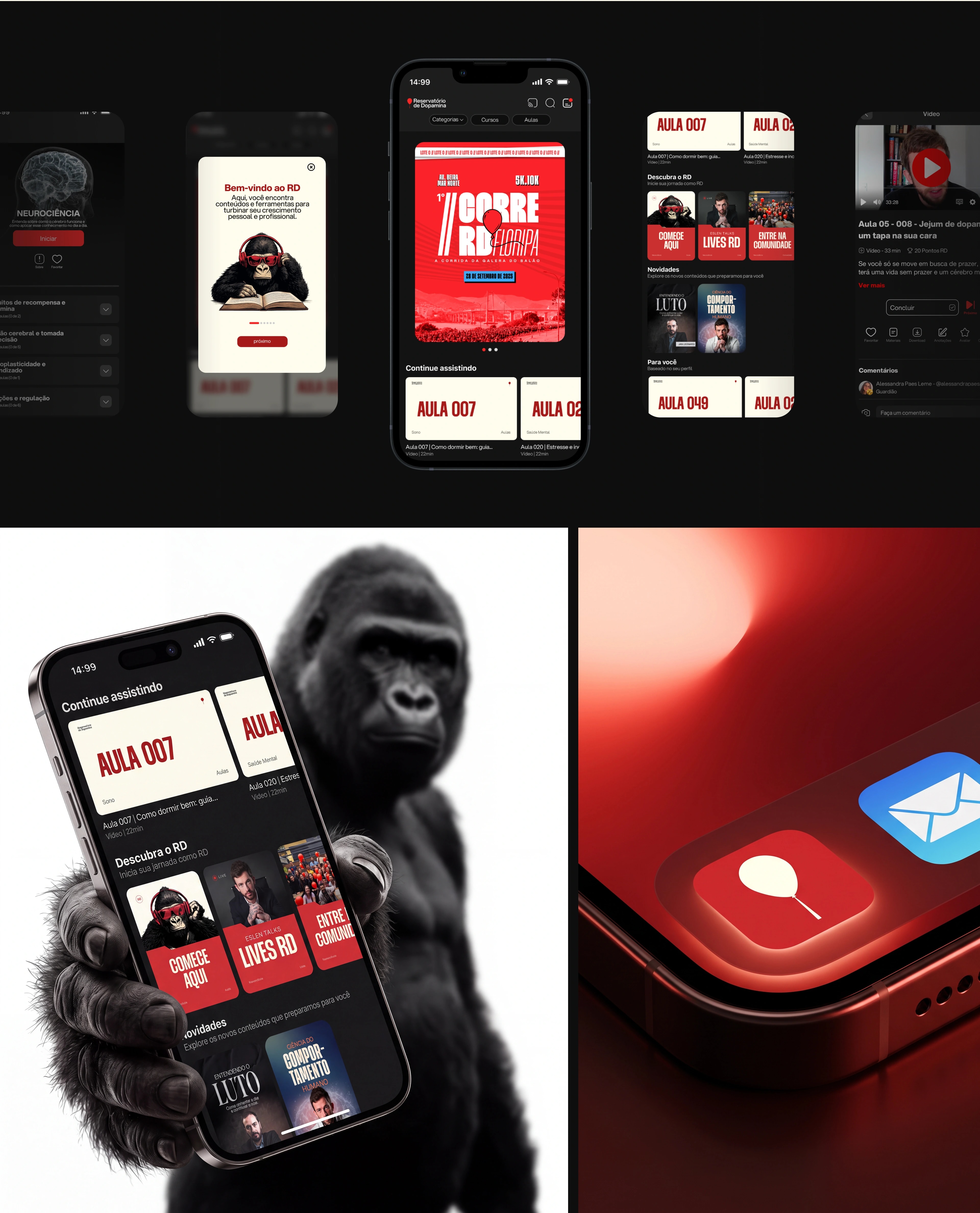 Telas do aplicativo do RD, o app na mão do gorila e o ícone